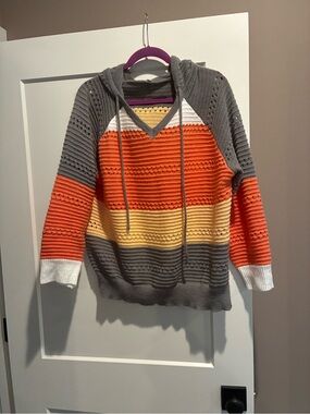 Striped Hooded Knit Sweater — Gray, Orange, Yellow, White